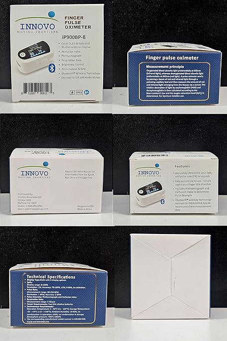 Innovo FSA/HSA Eligible iP900BP-B Fingertip Pulse Oximeter, Blood Oxygen Monitor with Free App, Plethysmograph, and Perfusion Index (with Bluetooth)-FlexoryFit