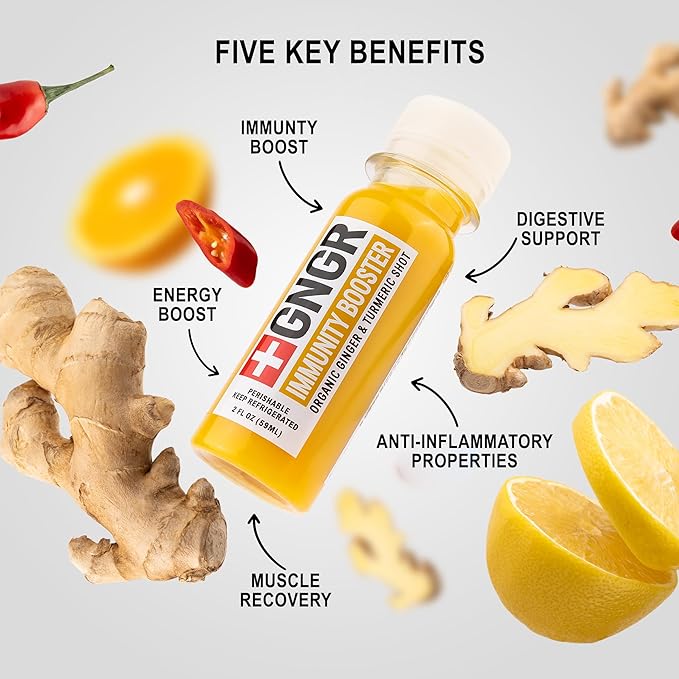 '+GNGR Immunity Sampler Organic Ginger Wellness Shots - Premium Ginger Shots for All Natural Digestive Support and Immune Support - Cold Pressed Ginger Juice - Nothing Artificial (2 Oz, Pack of 12)-FlexoryFit