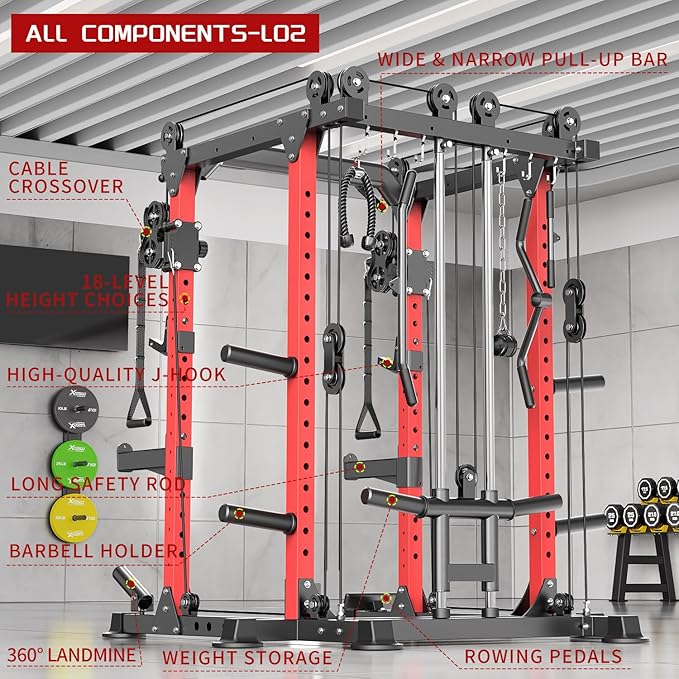Power Cage,1600lbs Multi-Function Power Rack with Adjustable Cable Crossover System and More Training Attachment, Weight Cage for Home Gym-FlexoryFit