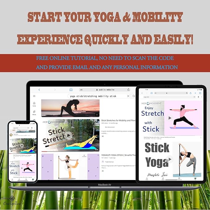 5ft Yoga Stick from Natural Bamboo with Non-Slip Handle-Stretching Stick for Mobility, Flexibility,Exercise,Workout, Physical Therapy,Pilates,Balance Fitness-Access Online Video Guide Without Any Info-FlexoryFit