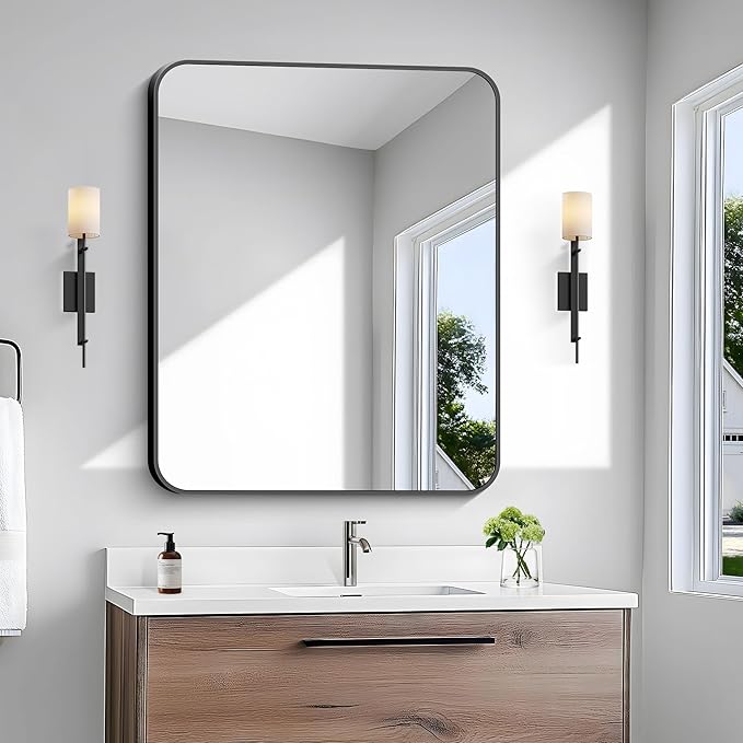 30x36 inch Bathroom Mirror,Black Rectangle Mirror,Wall Mounted Bathroom Frame Vanity Mirror with Round Corner for Bedroom Living Room, Entryway Hangs Horizontal or Vertical-FlexoryFit