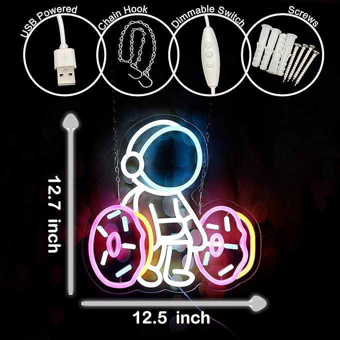 Astronaut Lifting Donut Neon Sign Astronaut Donut Neon Light Astronaut Light Sign Dimmable Bakery LED Neon Light for Club Decor Man Cave Game Room Bar Pub 12.5"×12.7"-FlexoryFit