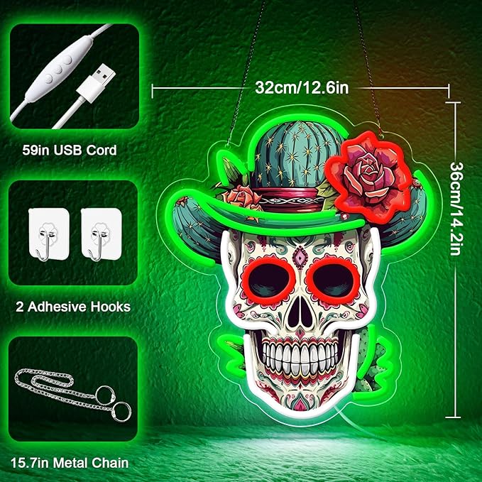 Day of the Dead Neon Sign - Mexican Sugar Skull LED Neon Light for Home & Bar Decor,UV Printed Art with Flexible LED Strip,Halloween & Día de Muertos Party Decoration(green)