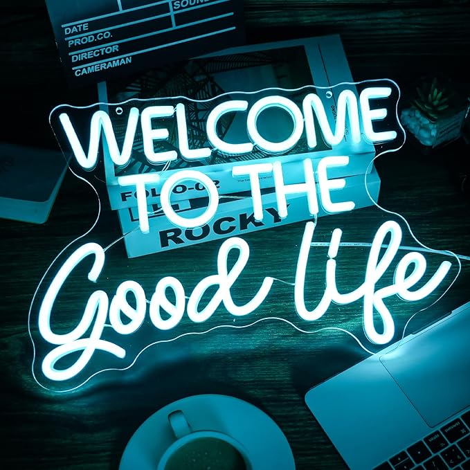 Welcome To The Good Life Neon Sign Letter LED Neon Lights Dimmable USB Powered 16.5’’X11’’Cool Wall Decorative Light Bedroom Kids Room Birthday Party Bar Decoration Gifts for Friend(Ice blue)