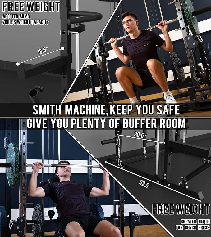 Eonfit E3 Smith Machine with 360°Rotating Arm for Home Gym Equipment, Multi-Function Power Cage Squat Rack with Cable Crossover LAT Pulldown Pulley System All in One-FlexoryFit