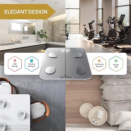 INEVIFIT Smart Body Fat Scale, Highly Accurate Bluetooth Digital Bathroom Body Composition Analyzer, Measures Weight, Body Fat, Water, Muscle, Visceral Fat & Bone Mass for Unlimited Users (Silver)-FlexoryFit