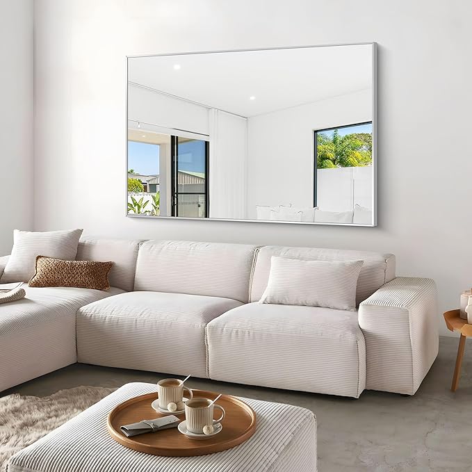 Silver Bathroom Mirror,60x40 inch Wall Mirror for Bathroom Wall Mounted,Large Rectangle Mirror for Bathroom Over Sink,Modern Metal Frame for Living Room,Bedroom Entryway,Horizontal/Vertical