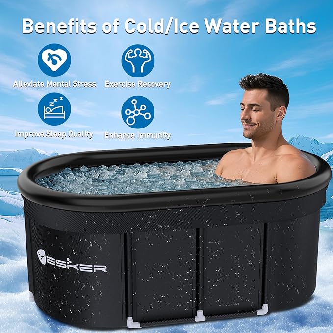 Yesker 110 Gal Oval Ice Bath Tub with Air Ring, Portable Multi-Layered Cold Plunge Tub with Lid for Athletes, Foldable and Inflatable, One Person Hot Bathtub at Gym, Yard, Home, Outdoors Use