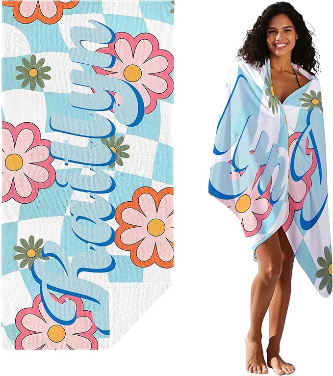 JML Personalized Beach Towel with Name, Custom Flower Beach Towel, Customized Microfiber Pool Towel, Quick Dry & Absorbent Swim Towel for Adult,Anniversary, Birthday, Summer Holiday,Vacation-FlexoryFit