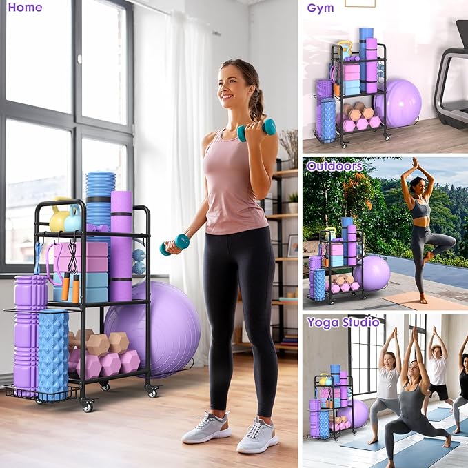 Home Gym Storage Rack Exercise Equipment Storage Organizer for Yoga Mat Dumbbells Kettlebells Foam Roller Yoga Strap & Resistance Bands, Ideal Yoga Mat Holder & Workout Equipment Organizer-FlexoryFit