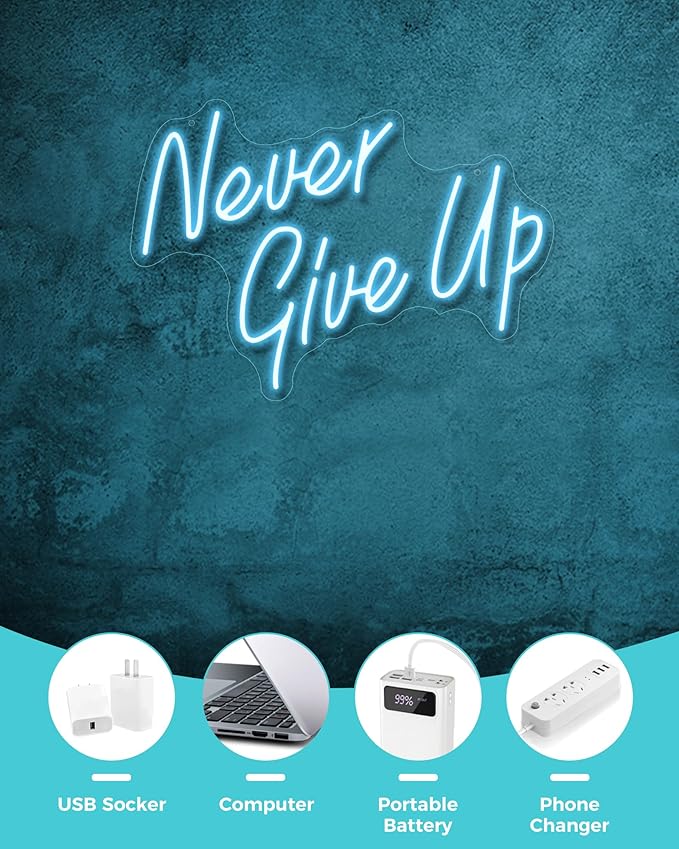 YIKBIK NEVER GIVE UPLED Neon Sign for Wall Decor,Neon Lights Party Decorations, USB Powered Switch Neon Lights lighting adjustable for Office Room, Gym Room, Man Cave, Gamer Room-FlexoryFit