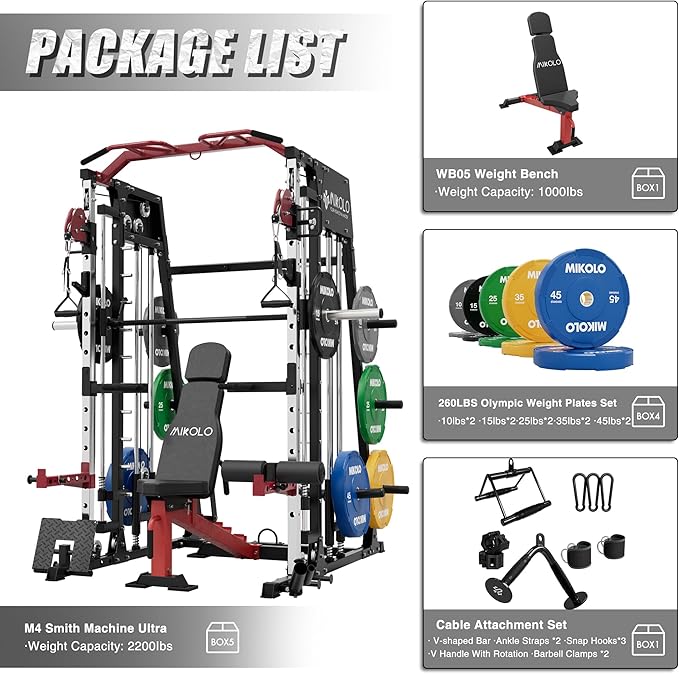 Mikolo Smith Machine, 2200lbs Squat Rack with LAT-Pull Down System & Cable Crossover Machine, Training Equipment with Leg Hold-Down Attachment-FlexoryFit