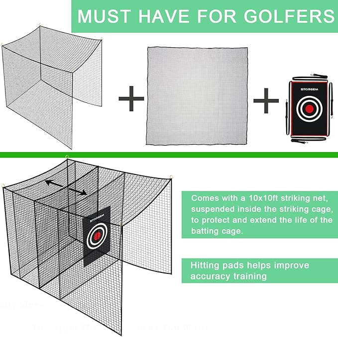 Storgem Golf Batting Cage Net with Extra Striking Net, Net Only, Heavy Duty Golf Hitting Practice Net, Backyard Batting Cage for Sports Training