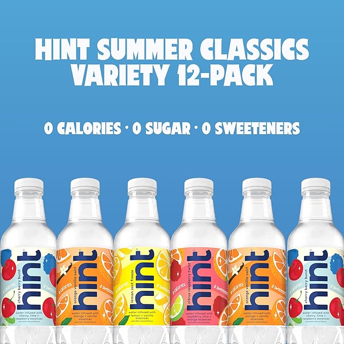 Hint Fruit-Infused Bottled Water, Summer Classics Variety Pack - Sugar Free Flavored Water with Zero Calories, Natural Fruit Essences, and No Artificial Sweeteners - 16 Fl Oz (Pack of 12)-FlexoryFit