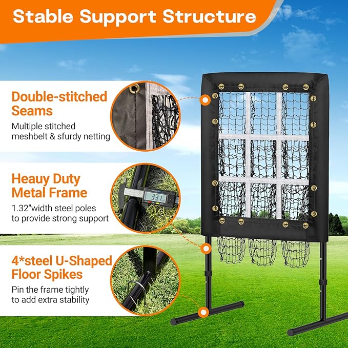 Pitching Net, 9 Hole Baseball Pitching Net with Strike Zone, Adjustable Softball Net for Batting Pitching Hitting, Portable Pitcher Trainer Baseball Hitting Target