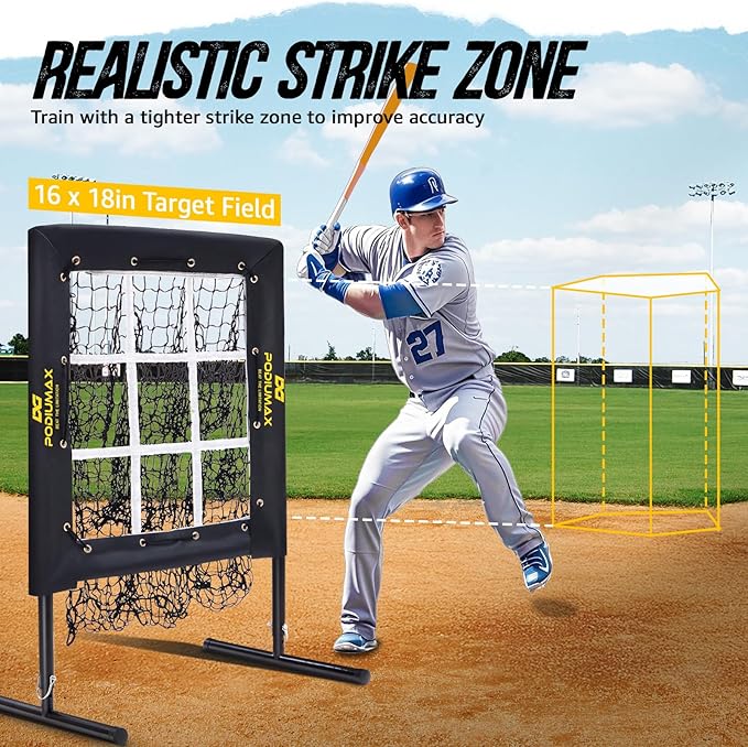 PodiuMax Baseball Pitching Net, 9 Hole Pitching Net with Strike Zone, 5 Adjustable Heights Baseball Throwing Net for All Ages, Heavey Duty Solo Trainer with Carry Bag for Backyard Practice