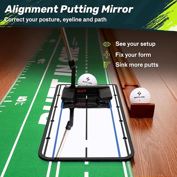 SAPLIZE Portable Putting Mat with Automatic Ball Return - Golf Practice Green with Mirror - Improve Accuracy Indoors or Outdoors