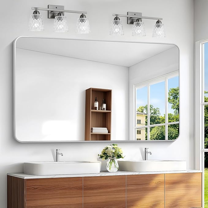 Silver Bathroom Mirror,60x36 inch Wall Mirror for Bathroom Wall Mounted,Rectangle Mirror for Bathroom Over Sink,Modern Frame Round Corner for Living Room,Bedroom Entryway,Horizontal/Vertical-FlexoryFit