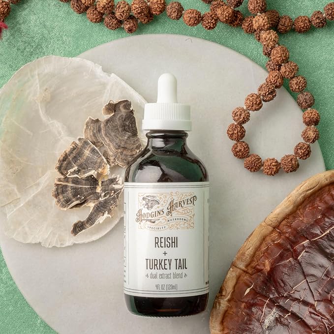 Hodgins Harvest Reishi + Turkey Tail Tincture | Made with Mushrooms Grown On Our Farm in The USA | Dual Extract | Extra-Concentrated (4 fl oz)-FlexoryFit