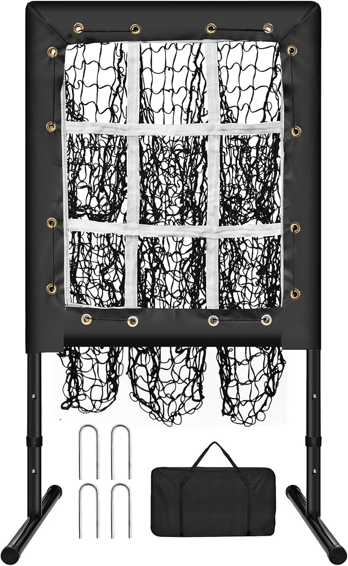 Pitching Net, 9 Hole Baseball Pitching Net with Strike Zone, Adjustable Softball Net for Batting Pitching Hitting, Portable Pitcher Trainer Baseball Hitting Target