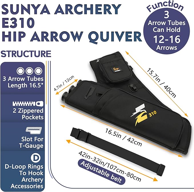 SUNYA Archery Hip Quiver for Arrows. Includes 3 Tubes Arrow Holder, Accessories Pockets and Waist Belt. Fit for Compound and Recurve Bow Practice.