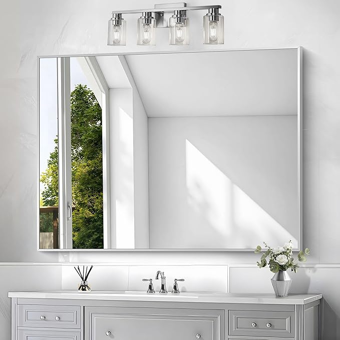 Silver Bathroom Mirror,36x48 inch Wall Mirror for Bathroom Wall Mounted,Large Rectangle Mirror for Bathroom Over Sink,Modern Metal Frame for Living Room,Bedroom Entryway,Horizontal/Vertical