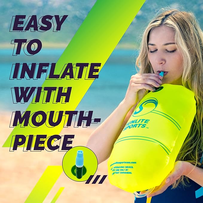 Sunlite Sports Swim Buoy Premium Quality, Highly Visible Waterproof Safety Marine Float Training for Open Water Swimming, for Swimmers, Triatheletes, Kayakers, Snorkelers, Throwable Flotation Device for Adults