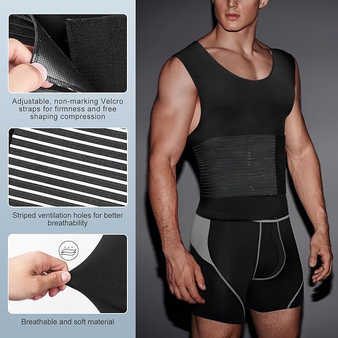 Odoland Men Body Shaper Compression Shirt, Adjustable Velcro Waist Trimmer Belt Intensity, Slimming Shapewear Tummy Control-FlexoryFit