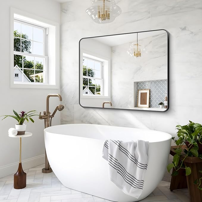 Black Bathroom Mirror,40x48 inch Wall Mirror for Bathroom Wall Mounted,Rectangle Mirror for Bathroom Over Sink,Modern Frame Round Corner for Living Room,Bedroom Entryway,Horizontal/Vertical-FlexoryFit