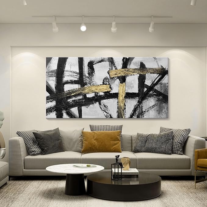 Abstract Living Room Wall Art - Large Black and White Gold Abstract Lines Bedroom Wall Decor Ink Dancing Canvas Prints Paintings for Dining Room Office Room Home Decor 29x58IN-FlexoryFit