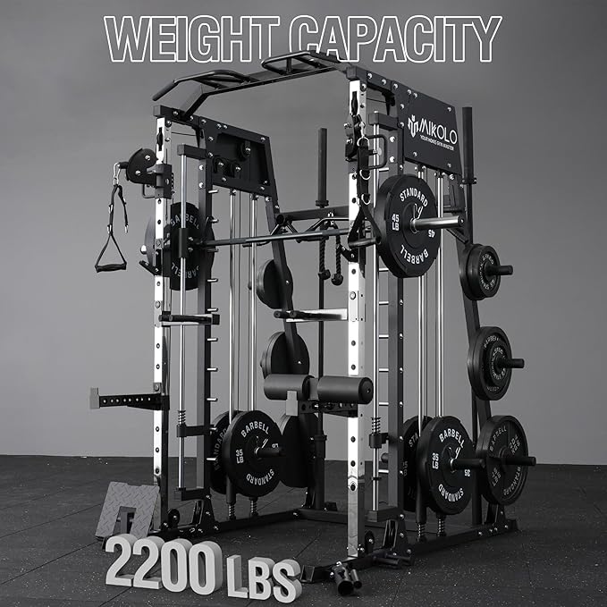 Mikolo Smith Machine, 2200lbs Squat Rack with LAT-Pull Down System & Cable Crossover Machine, Training Equipment with Leg Hold-Down Attachment-FlexoryFit