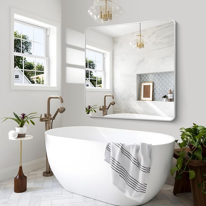 Silver Bathroom Mirror,48x48 inch Wall Mirror for Bathroom Wall Mounted,Rectangle Mirror for Bathroom Over Sink,Modern Frame Round Corner for Living Room,Bedroom Entryway,Horizontal/Vertical