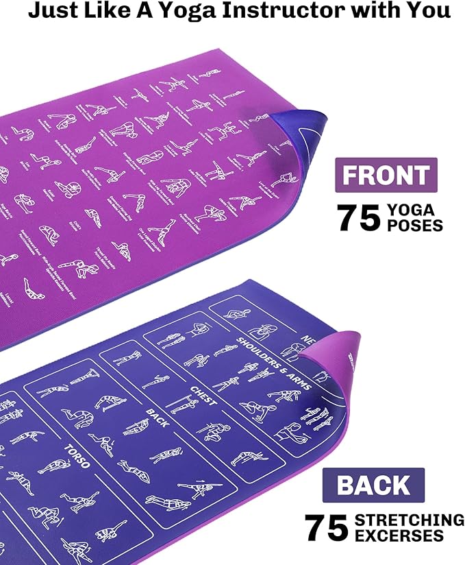 Instructional Travel Yoga Mat with 75 Poses & Exercises - Non-slip Exercise Mat for Home Workout, Includes Carrying Bag - Perfect for Beginners, 68"x24"x0.25"-FlexoryFit