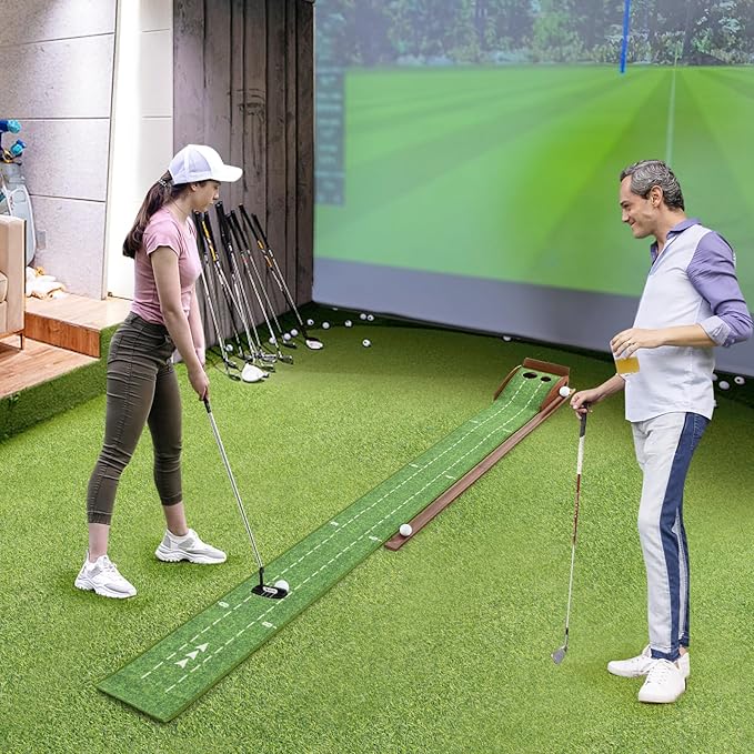 Tangkula 10 FT Golf Putting Green, 2/3-Hole Golf Putting Practice Mat with Auto Ball Return for Indoors & Outdoors, Alignment Guides & 3 Golf Balls, Mini Golf Game for Home and Office