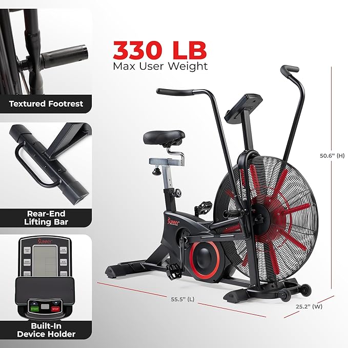Sunny Health & Fitness Premium Smart Cross-Training Fan Bike, Air Resistance Cardio Machine w/330lb Capacity for Intensive Home Workout, Customizable Monitor w/Free SunnyFit App Connection-SF-B223018-FlexoryFit