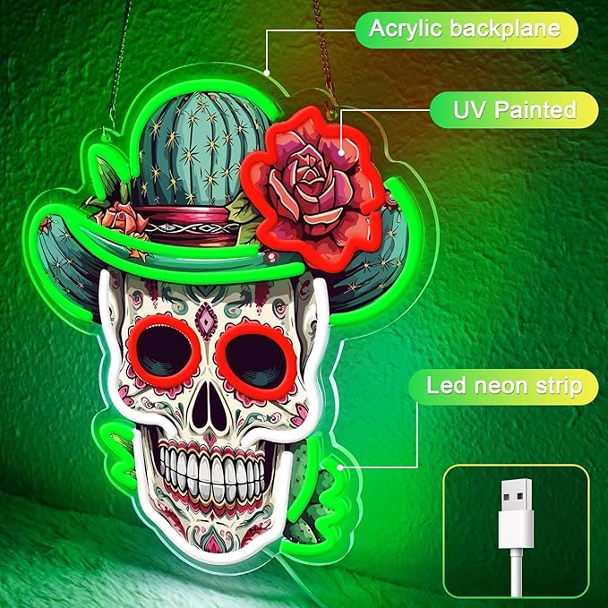 Day of the Dead Neon Sign - Mexican Sugar Skull LED Neon Light for Home & Bar Decor,UV Printed Art with Flexible LED Strip,Halloween & Día de Muertos Party Decoration(green)