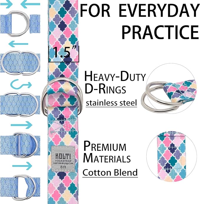 Yoga Exercise Adjustable Straps 8FT with Durable D-Ring for Pilates & Gym Workouts | Hold Poses, Stretch, Improve Flexibility & Maintain Balance-FlexoryFit