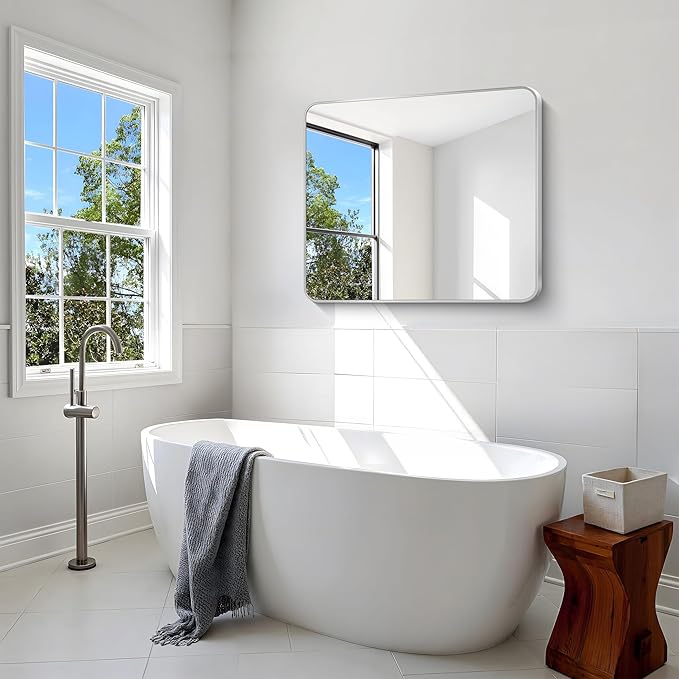 Silver Bathroom Mirror,30x36 inch Wall Mirror for Bathroom Wall Mounted,Rectangle Mirror for Bathroom Over Sink,Modern Frame Round Corner for Living Room,Bedroom Entryway,Horizontal/Vertical