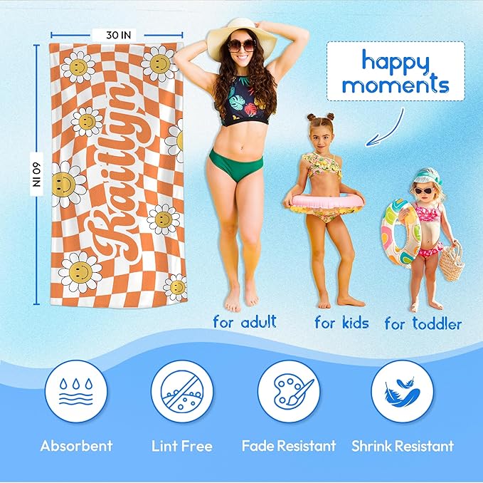 JML Personalized Beach Towel with Name, Custom Flower Beach Towel, Customized Microfiber Pool Towel, Quick Dry & Absorbent Swim Towel for Adult,Anniversary, Birthday, Summer Holiday,Vacation-FlexoryFit
