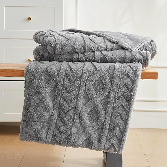 Cozy Bliss Faux Fur Throw Blanket for Couch, Jacquard Fuzzy Plush Soft Thick Winter Throw Blanket for Sofa Bed Living Room Bedroom,50"x60" Grey