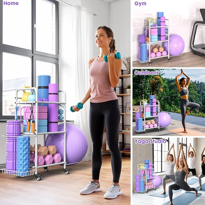 Home Gym Storage Rack Exercise Equipment Storage Organizer for Yoga Mat Dumbbells Kettlebells Foam Roller Yoga Strap & Resistance Bands, Ideal Yoga Mat Holder & Workout Equipment Organizer-FlexoryFit
