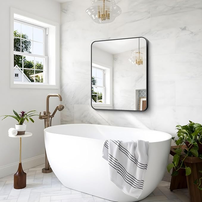 30x36 inch Bathroom Mirror,Black Rectangle Mirror,Wall Mounted Bathroom Frame Vanity Mirror with Round Corner for Bedroom Living Room, Entryway Hangs Horizontal or Vertical-FlexoryFit