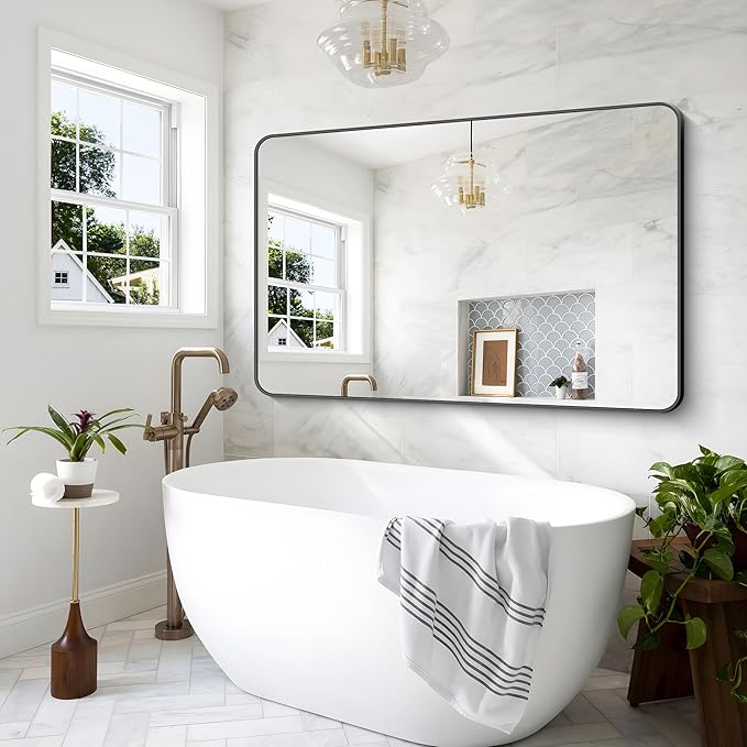 Black Bathroom Mirror,60x40 inch Wall Mirror for Bathroom Wall Mounted,Rectangle Mirror for Bathroom Over Sink,Modern Frame Round Corner for Living Room,Bedroom Entryway,Horizontal/Vertical-FlexoryFit