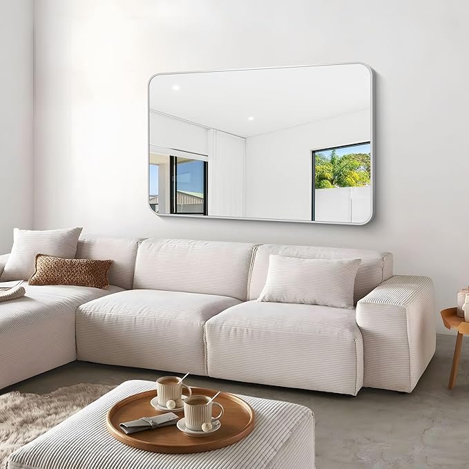 Silver Bathroom Mirror,55x36 inch Wall Mirror for Bathroom Wall Mounted,Rectangle Mirror for Bathroom Over Sink,Modern Frame Round Corner for Living Room,Bedroom Entryway,Horizontal/Vertical