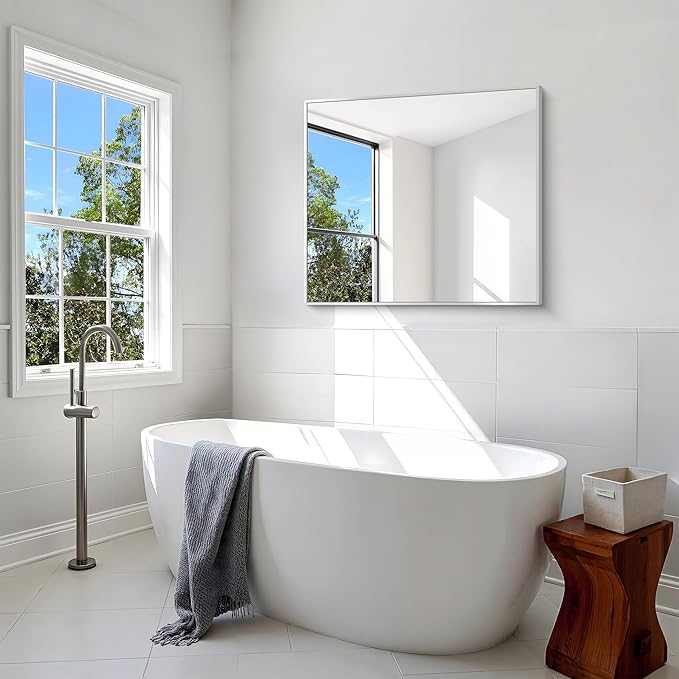 Silver Bathroom Mirror,30x36 inch Wall Mirror for Bathroom Wall Mounted,Rectangle Mirror for Bathroom Over Sink,Modern Metal Frame for Living Room,Bedroom Entryway,Horizontal/Vertical-FlexoryFit