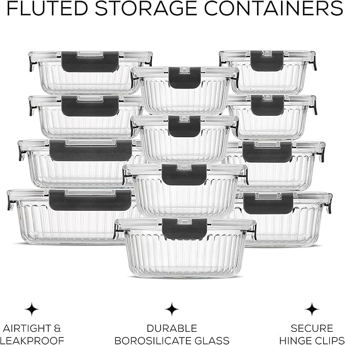 JoyJolt 24pc Borosilicate Glass Storage Containers with Lids | 12 Airtight/Freezer Safe Food Storage Containers for Pantry and Kitchen | Meal Prep Container for Lunch | Glass Tupperware Set-FlexoryFit