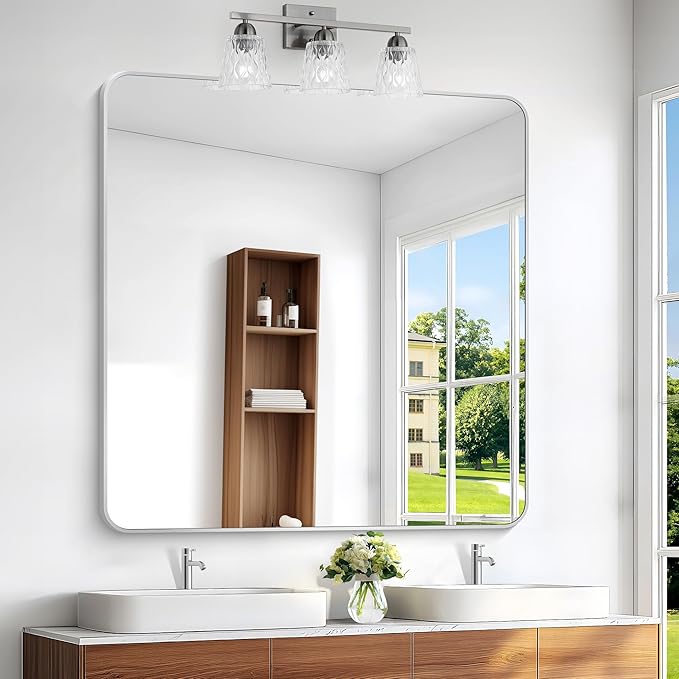 Silver Bathroom Mirror,48x48 inch Wall Mirror for Bathroom Wall Mounted,Rectangle Mirror for Bathroom Over Sink,Modern Frame Round Corner for Living Room,Bedroom Entryway,Horizontal/Vertical