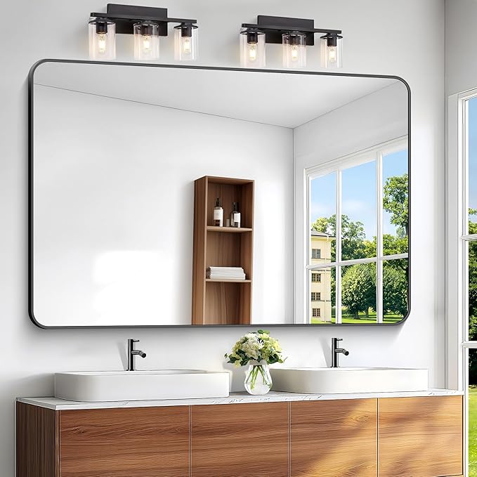 Black Bathroom Mirror,60x40 inch Wall Mirror for Bathroom Wall Mounted,Rectangle Mirror for Bathroom Over Sink,Modern Frame Round Corner for Living Room,Bedroom Entryway,Horizontal/Vertical-FlexoryFit