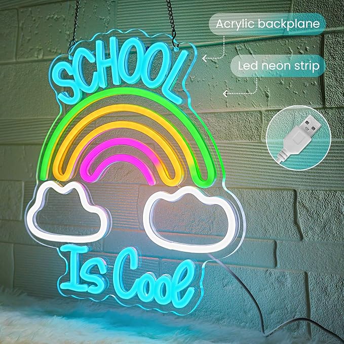 School is Cool Neon Sign,Classroom Neon Sign,Reading Rainbow Sign,USB Powered with Dimmable Switch,Neon Light Sign,Neon Signs for Wall Decor for Classroom,School Led Sign