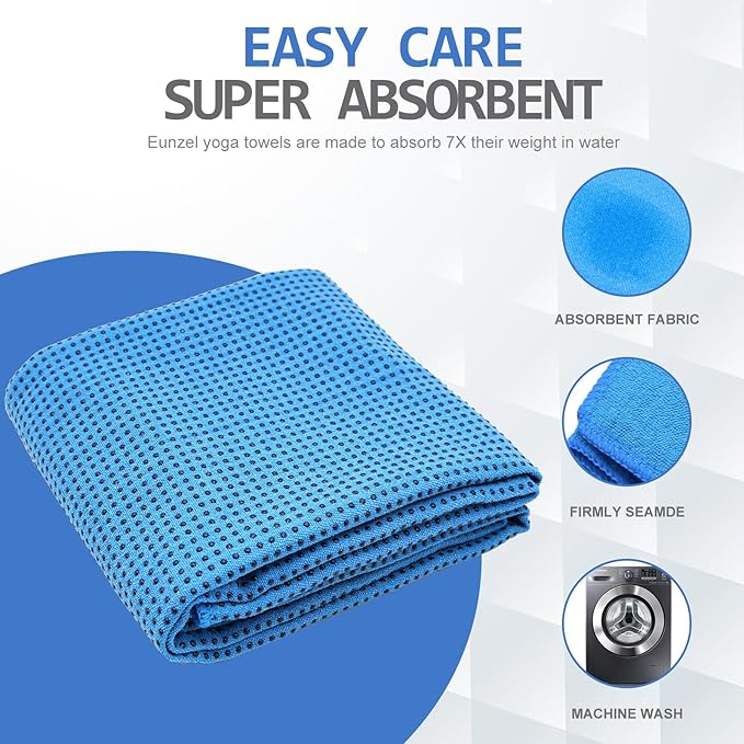 Eunzel Yoga Towel,Hot Yoga Mat Towel with Grip Dots Sweat Absorbent Non-Slip for Hot Yoga, Pilates and Workout 24" x72", Blue-FlexoryFit